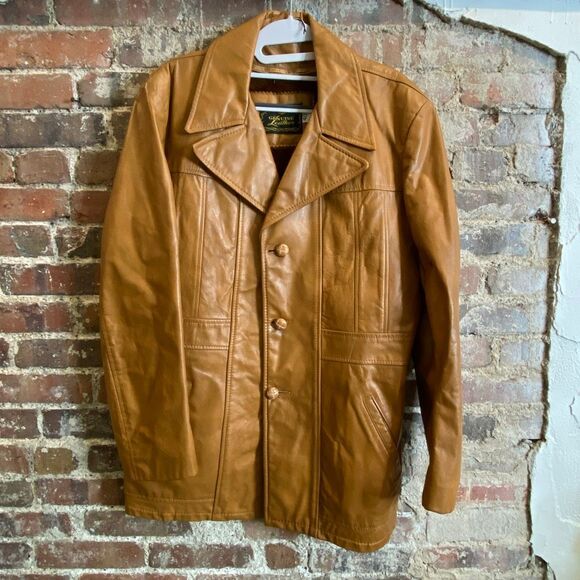Genuine Leather Vintage 1970s Faux Fur Removable Liner Carmel Jacket • SIZE 40 - Picture 1 of 16